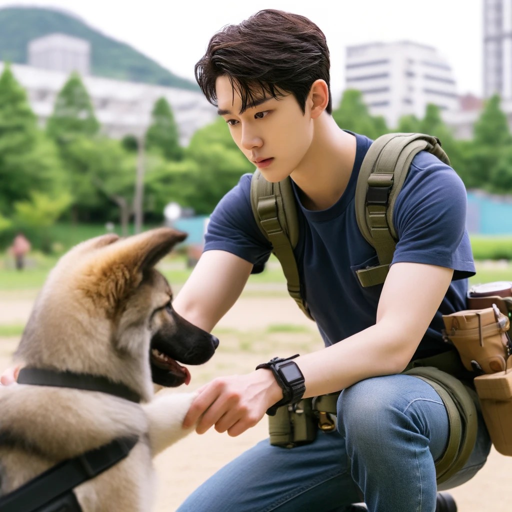 DALL·E 2024-04-23 06.27.30 - A scene depicting a young Korean male veterinary technician training a 