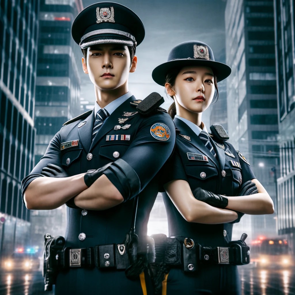 DALL·E 2024-04-22 20.36.53 - A dynamic scene featuring two Korean police officers, a man and a woman