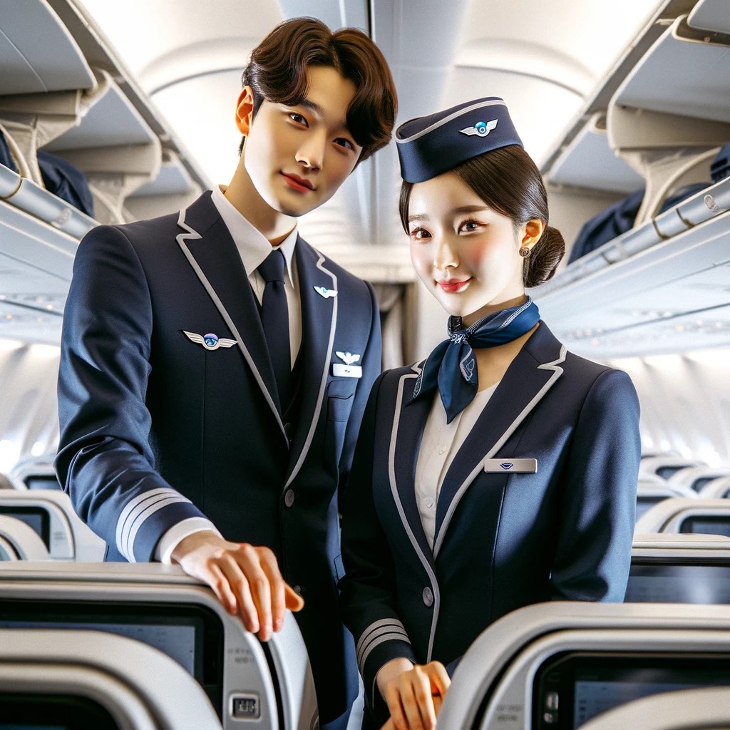 DALL·E 2024-04-23 06.22.51 - A scene inside an airplane featuring a young Korean male and female fli