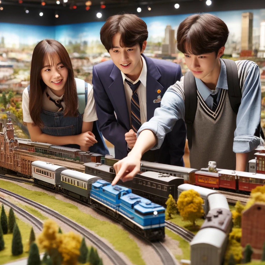 DALL·E 2024-05-01 16.09.21 - Create an image of Korean teenagers experiencing a railroad diorama. Th