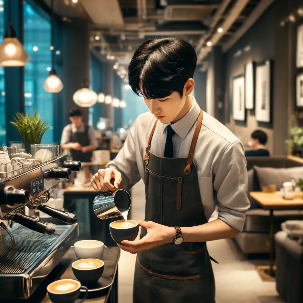 DALL·E 2024-04-22 20.08.01 - A scene of a Korean barista in a stylish cafe, expertly crafting a latt