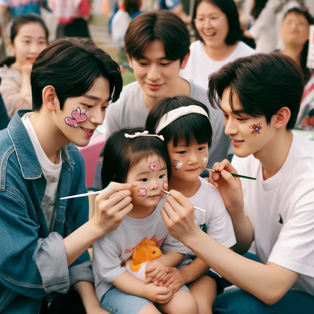DALL·E 2024-04-23 06.54.30 - A cheerful scene where young Korean adults, both men and women, are eng