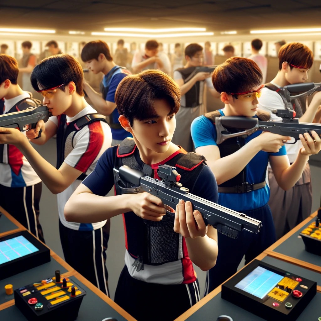 DALL·E 2024-04-23 06.43.28 - A vibrant scene at a laser Olympic shooting range, featuring multiple K