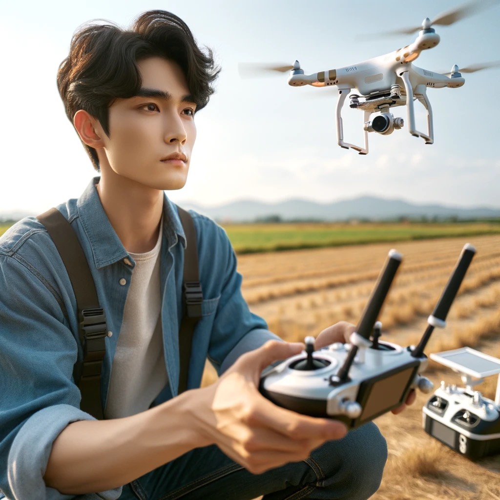 DALL·E 2024-04-23 06.10.40 - A scene featuring a young Korean male drone expert, actively controllin