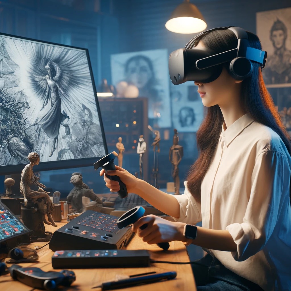 DALL·E 2024-04-23 06.57.13 - A scene depicting a young Korean female artist engaged in creating digi