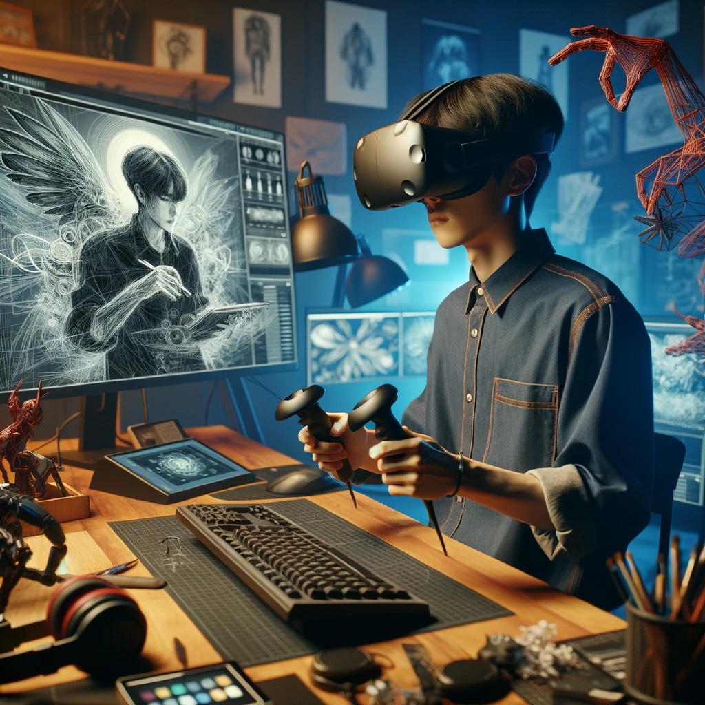DALL·E 2024-04-23 06.58.06 - A scene depicting a young Korean male artist engaged in creating digita
