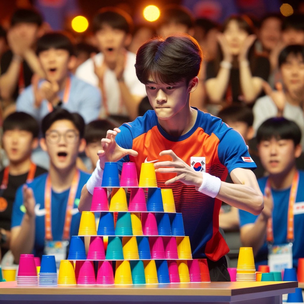 DALL·E 2024-04-23 06.36.15 - A dynamic scene at a sports stacking competition, featuring a young Kor