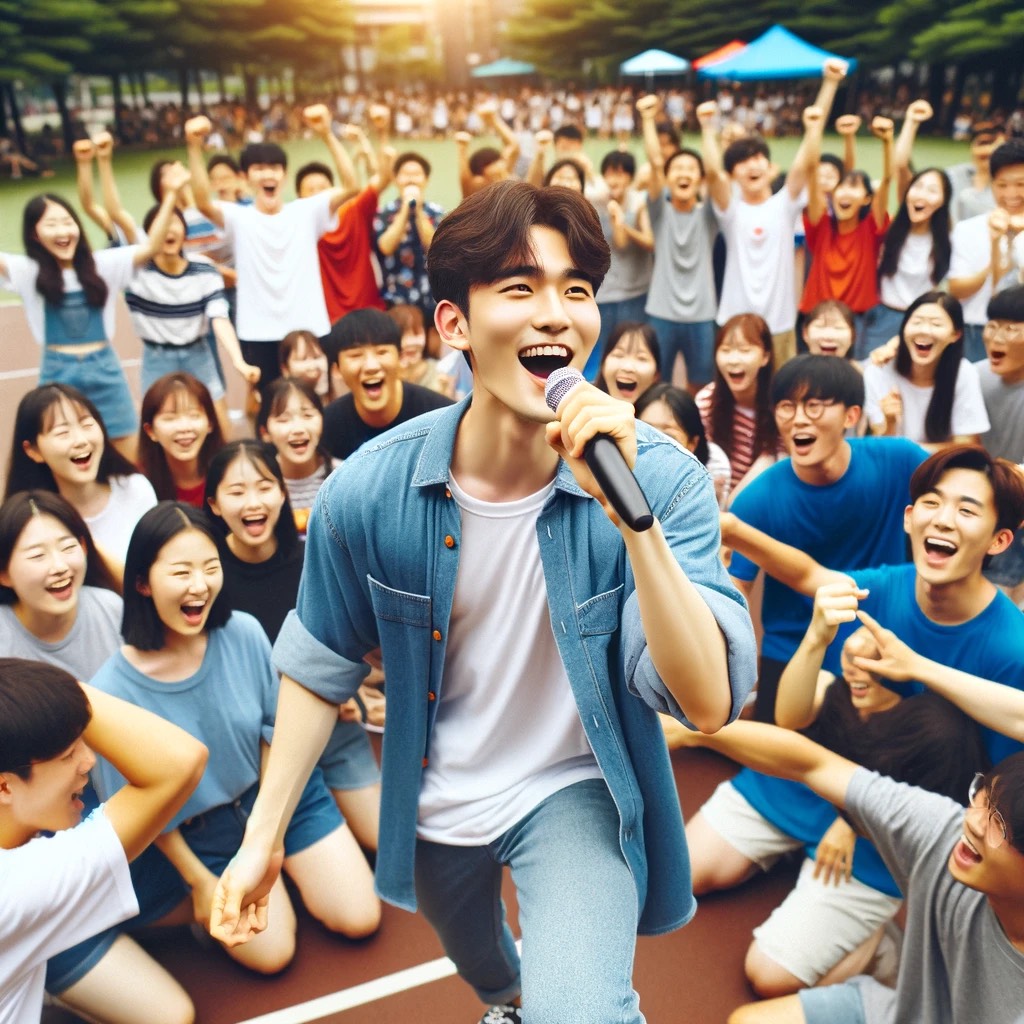 DALL·E 2024-04-23 06.38.10 - A lively scene of a young Korean male leading a recreational activity, 