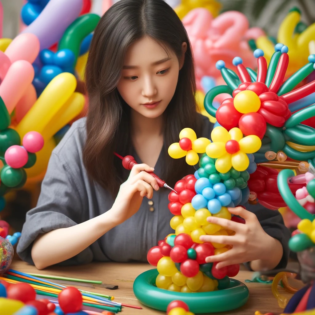DALL·E 2024-04-23 06.40.55 - A scene depicting a young Korean female balloon artist creating an impr